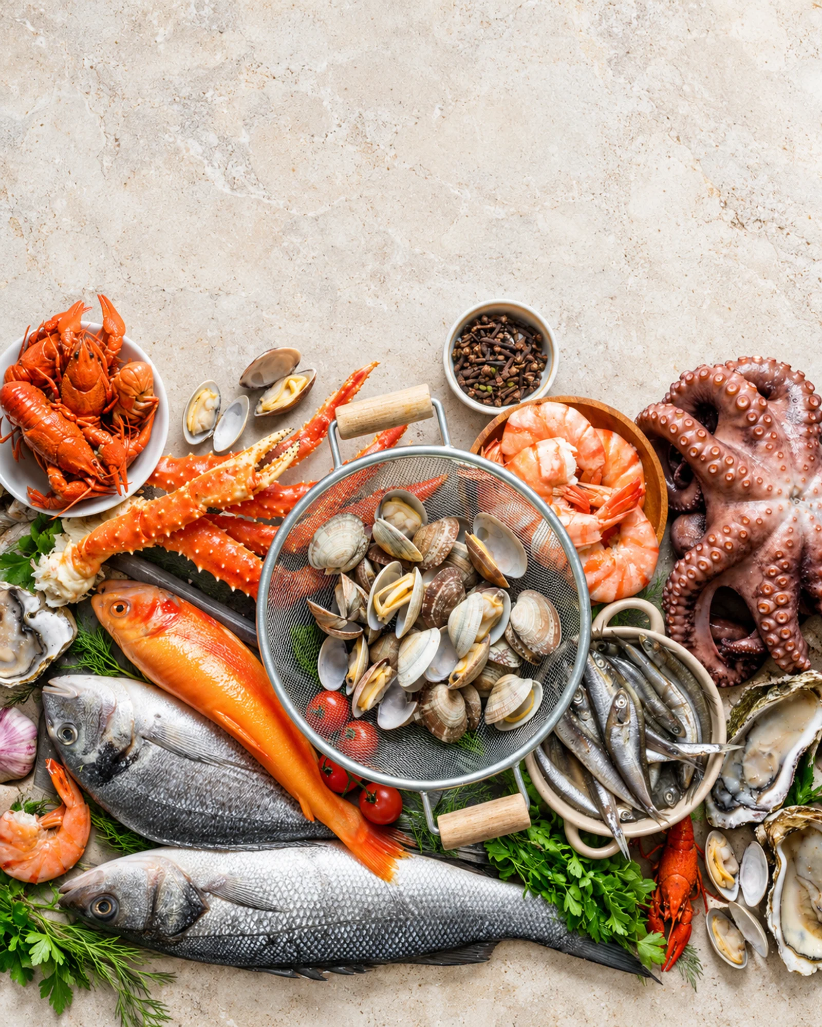 Fresh seafood selection with lobster, fish, prawns and shellfish