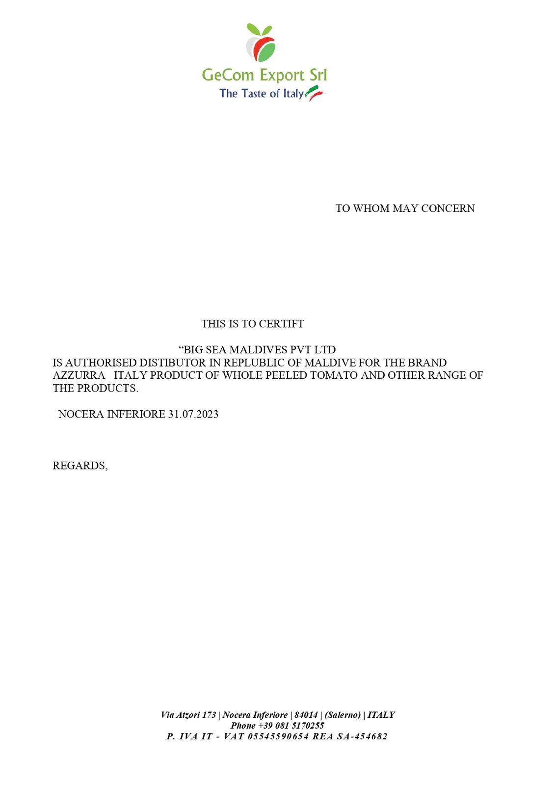 AZZURRA Distributer Certificate
